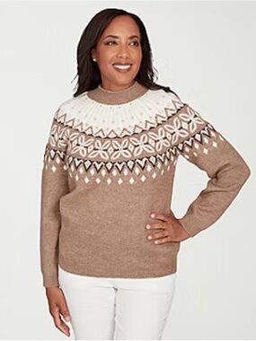 Alfred Dunner Taupe and Ivory Fair Isle Turtleneck Sweater